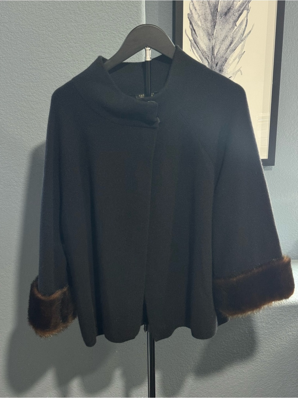 CASHMERE Charter Club Black Sweater Cape with Brown Fur Cuffs